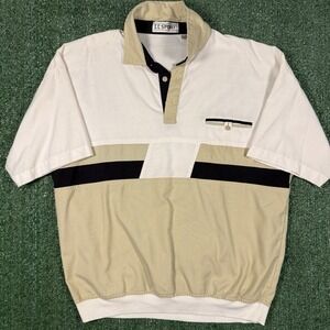 CC Sport Polo Shirt‎ Mens Large White Tan Colorblock Good Vintage Elastic Hem